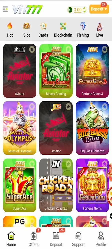  VH777 Game home screen showing dashboard, promotions, and game categories on Android.