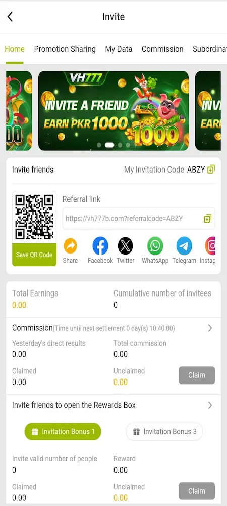 VH777 Game invite friends page displaying referral code and commission rewards.