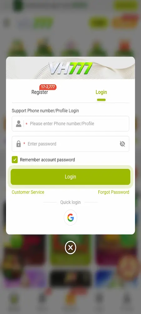 VH777 Game login screen with username, password, and secure account access.